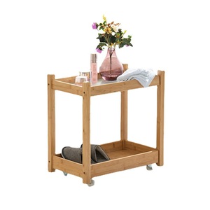 Movable Glass Side Table Bamboo Frame Bedside <b>Storage</b> <b>Cart</b> With Shelf For Bedroom Living Room Modern Minimalist Style - Product Image 4