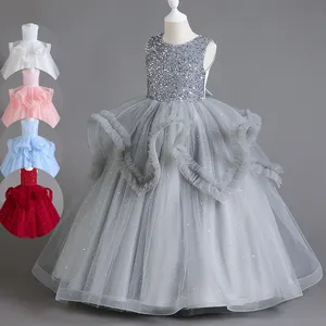 Western Style Fluffy Children Party Dress Sleeveless Mesh Gown For Girls Of 3-14 Years Golden Girl Wedding Dress