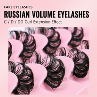 Lot de 10 paires de faux cils russes 3D effet volume, courbure D, effet wispy et volumineux, en faux vison, spectaculaires, en fibres synthétiques, en bande