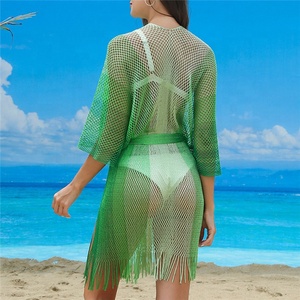 2024 femmes dégradé Bikini plage couvrir robe mode franges fendu tricoté crochet évidé vacances vêtements de plage avec <span class=keywords><strong>ceinture</strong></span> - Product Image 4