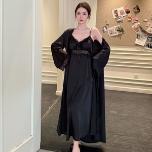 Meryjia Set di indumenti <span class=keywords><strong>da</strong></span> <span class=keywords><strong>notte</strong></span> di lusso 2 pezzi Vintage <span class=keywords><strong>camicie</strong></span> <span class=keywords><strong>da</strong></span> <span class=keywords><strong>notte</strong></span> <span class=keywords><strong>lunghe</strong></span> <span class=keywords><strong>da</strong></span> <span class=keywords><strong>donna</strong></span> e vestaglia in raso di seta con motivo solido - Product Image 4