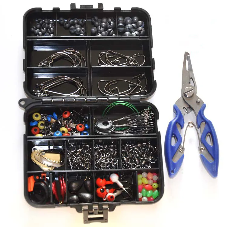 188pcs Mixed Beads Sinker Weights Lure Hooks Sea Fish Tool Tackle Pliers Rock Fishing Accessories Box Kits
