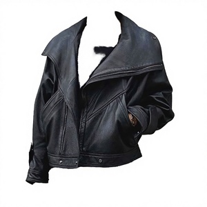 Chaqueta de cuero genuino para mujer, estilo motociclista, vintage, negra, de buena calidad, con solapa regular, mangas cortas, cortavientos, con cierre de cremallera, teñida. - Product Image 2