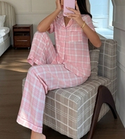 Pyjama décontracté rose à carreaux pour femme, ensemble deux pièces, vêtements de nuit et d'intérieur, pyjamas personnalisables ODM