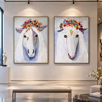 Peinture à l'huile sur toile abstraite, motif mouton blanc moderne peint à la main avec couronne de fleurs colorées, portrait animalier, décoration murale pour salon