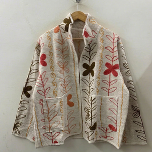 Veste en coton brodée bohème à col mandarin, manches longues, motif floral, vêtement d'extérieur décontracté pour femmes, saison printemps - Product Image 1
