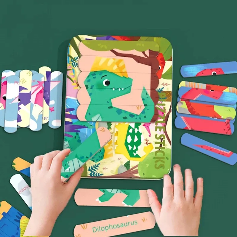 Neue Eisenbox Kinder Tier 3D-Holzpuzzle Montessori-Spielzeug doppelseitiges Streifen-Puzzle Stapeln Puzzle pädagogisches Spielzeug für Kinder