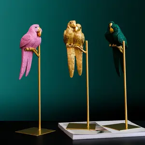 Nordic creative lovers parrot indoor decorations small bird animal sculpture resin crafts parrot statue with metal stand