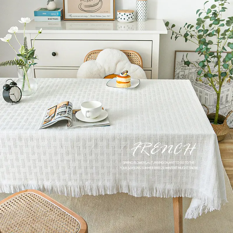 ผ้าปูโต๊ะถักผ้าปูโต๊ะสีทึบลายสก๊อตพื้นผิวตกแต่งโต๊ะสี่เหลี่ยมผืนผ้าสไตล์เรียบง่ายพร้อมพู่