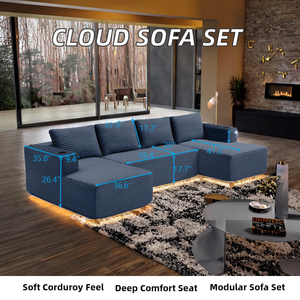 Oversized Cloud Sponge Sofa Chaise Modern Corduroy <b>Square</b> Modular Sectional Set Cushion Back Deep Seat Comfy Living Room - Product Image 2