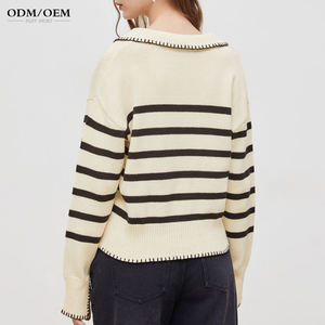 Suéter de Punto para Mujer, Diseño a Rayas, Cuello Golf, Manga Larga, Cuello en V, Estilo Casual y Moderno - Product Image 3