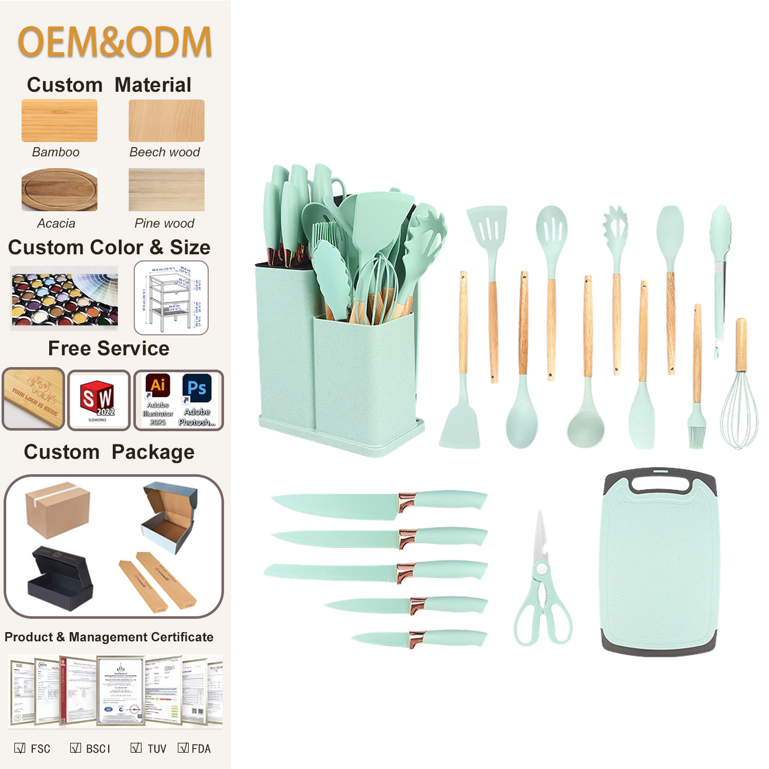19-Piece Sustainable Silicone Kitchen Utensils Set with Wooden Handles and Non-Stick Coating