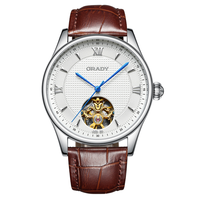 Men's Automatic Watch Luxury Hollow Design Black Genuine Leather Strap Brand Designer Mechanical Watch for Men