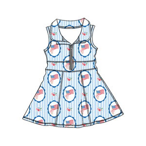 GSD3721 Vestido Infantil Personalizado para Niña, Diseño de Franjas Azules con la Bandera del 4 de Julio, Venta al Por Mayor, Vestido de Yoga para Niña - Product Image 1