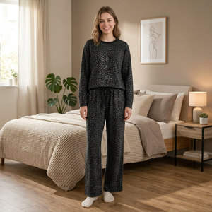Conjunto de 2 Piezas para Mujer, Sudadera de Manga Larga con Estampado Floral Negro, Cuello Redondo, Pantalones con Cordón, Estilo Casual, Holgado, para Primavera - Product Image 1