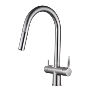 Grifo de Cocina Contemporáneo de Acero Inoxidable Color Gris Metálico, Diseño de Tirador Extraíble, Tres Vías, Doble Manija, Flexible - Product Image 5