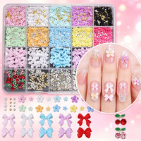 Kit de 24 grilles de décorations pour ongles en résine : nœuds, fleurs, papillons, perles, strass, nœuds papillon mignons et cerises