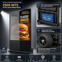 Kiosque publicitaire portable pour usage intérieur et extérieur, 14 heures sans fil ou 24/7 avec prise secteur, verre anti-reflet AG, 32, 43, 55 pouces