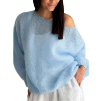 Pull-over en maille fine et épaisse de luxe bleu ciel pour femme, en mohair et polyester, style B2B, pour jeune femme et fille