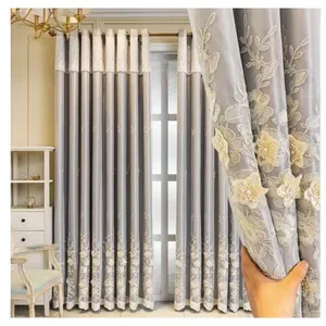 European Luxury Double Layer Blackout Curtain Sheer Match with Embossed Fabric for Home, 4D Embroidered Window Curtains Woven