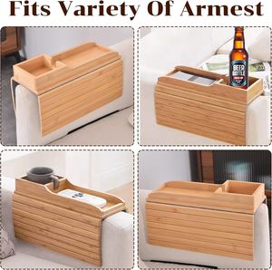 Bandeja de bambú para portavasos de sofá, mesa de brazo de sofá plegable y mesa auxiliar para sala de estar, accesorios de sofá, bandeja de consola de sofá - Product Image 3