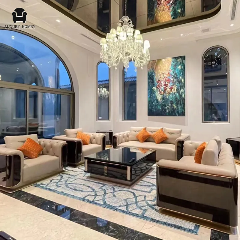 Set Sofa Desain Modern Kelas Atas, Furnitur Villa, Sofa Kulit Mewah Bagian Italia untuk Ruang Tamu