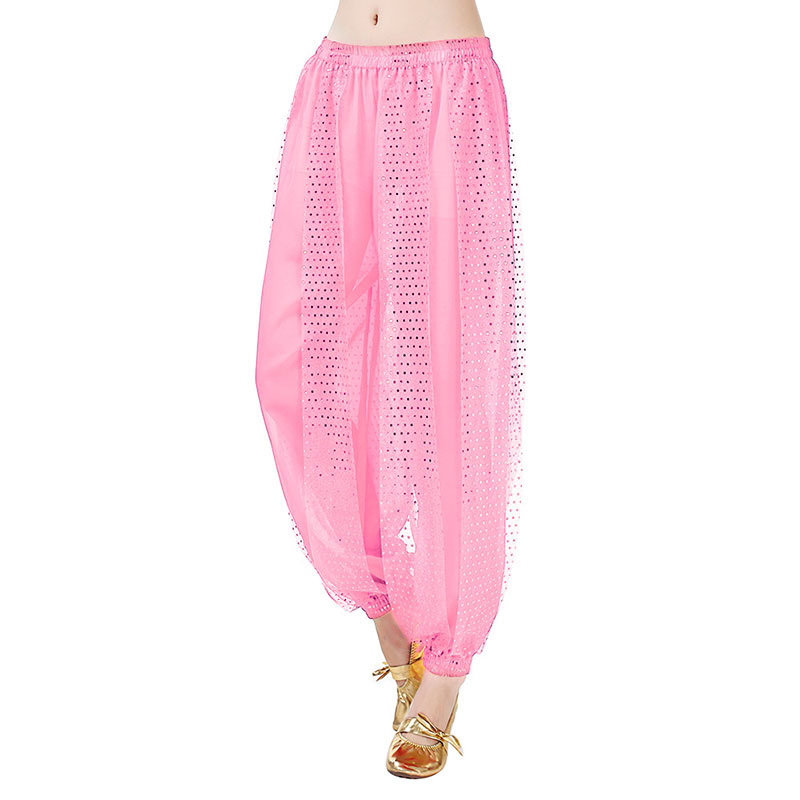 Pantalones bombachos de danza del vientre con lentejuelas rosas