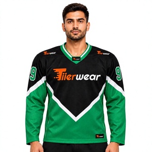 Tiierwear Jersey de hockey sobre hielo con cuello en V para hombre, color negro y verde, jersey de malla de manga larga con número 9 impreso, uniforme del equipo - Product Image 1