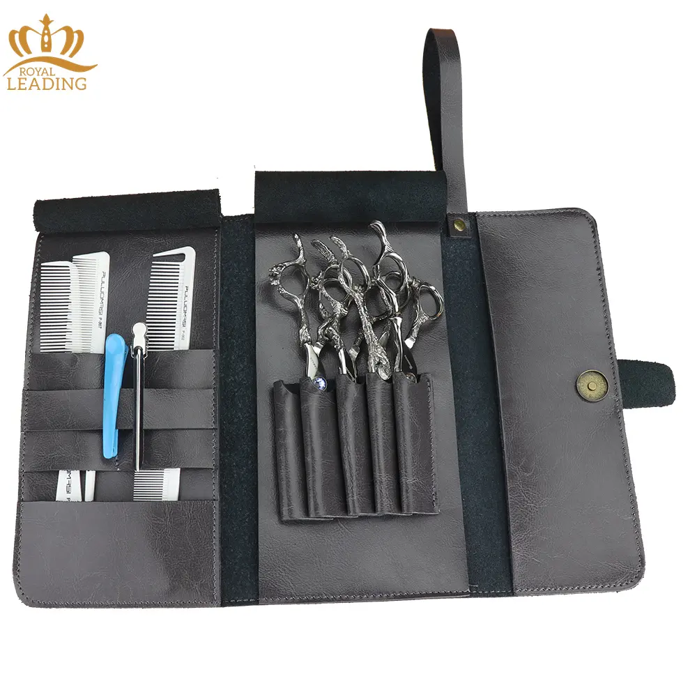 Professional Foldable Leather Scissors Bag Roll Up Scissors Tool Bag With 12 Pockets Scissors Storage Case