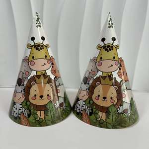 6 개/팩 정글 동물 테마 인쇄 종이 모자 파티 생일 모자 동물 요소 창조적 인 뾰족한 볼 모자 - Product Image 2