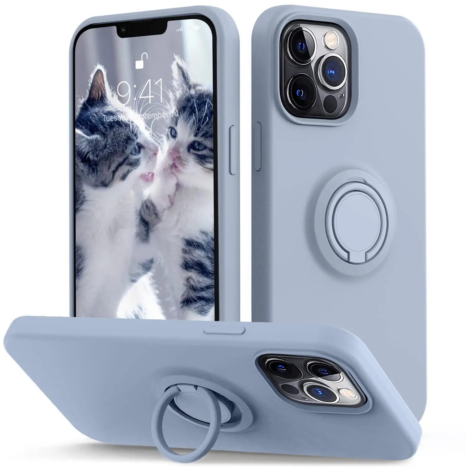 Coque de téléphone Ultra mince en Silicone liquide, antichoc, avec anneau de support, doublure en microfibre douce anti-rayures pour iPhone 13 Pro