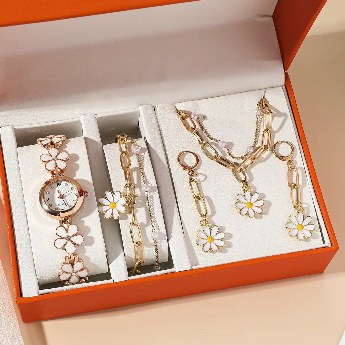 Wholesale 5pc/set Daisy Gold Plated Paper Clip Chain Earrings Necklace Bracelet Hand Watch with Box for Women