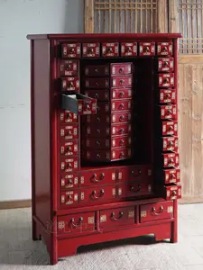 無垢材の古典的な明清時代の中国医学キャビネット、中国風の赤い多段引き出しのアンティーク薬収納キャビネット - Product Image 3