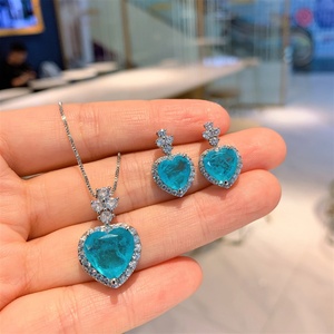 Fashion Eco-friendly Copper 10*14MM Blue Zircon Romantic Necklace and <b>Earrings</b> <b>Set</b> Heart Shape Jewelry <b>Set</b> With Zircon for Women - Product Image 1