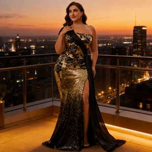 Robe de cérémonie pour mère de la mariée, taille plus, robe à sequins à une épaule avec fente haute pour banquet de mariage et soirée formelle - Product Image 4