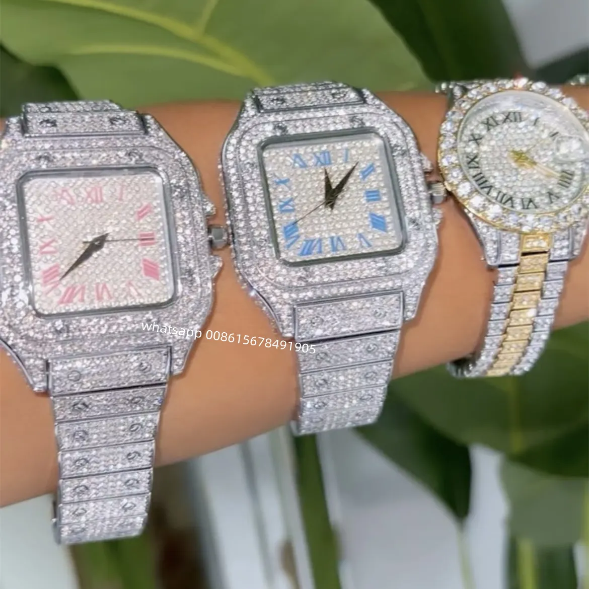 Foxi Luxury Bling Hip Hop Iced Out Watches Silver Pink Blue Digital Quartz Watches Diamond Wristwatch