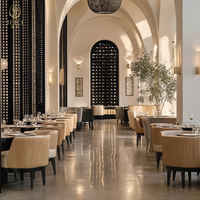 Ensemble de mobilier commercial JEILI pour restaurants : banquettes rembourrées, tables rondes et chaises pour projets hôteliers et d'accueil.