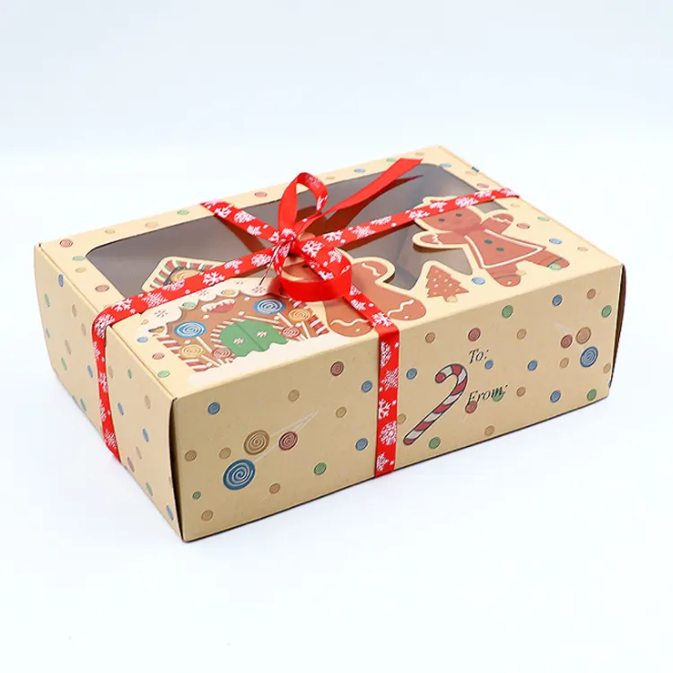 Boîte cadeau de noël en papier brun avec fenêtre, boîte cadeau créative de cuisson en papier pour biscuits aux bonbons
