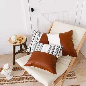 Nordic Hot Style Blak And White Printing Canvas Splice Leather Cushion Removable And Washable Cushion Cover