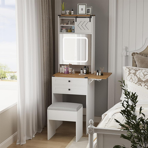 <span class=keywords><strong>Petit</strong></span> bureau de vanité en panneau de densité <span class=keywords><strong>pratique</strong></span> avec panneau latéral pliable 2 tiroirs et étagères pour <span class=keywords><strong>dressing</strong></span> à la maison - Product Image 1