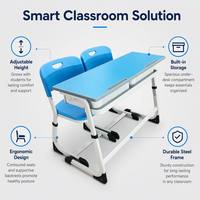 Bureau d'étudiant moderne 2 places avec chaises, cadre métallique réglable en hauteur, ensemble table et chaises pour salle de classe avec étagère de rangement et plateau à stylos