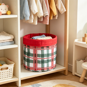 Panier de rangement pour enfants réversible en coton et lin à carreaux rouges, pliable, organisateur de chambre d'enfant pour vêtements de bébé, bac à jouets, étagère de placard, vente en gros - Product Image 2