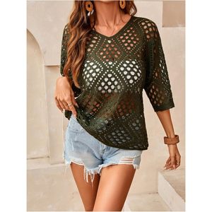 Women's Crochet <b>Top</b> 3/4 Sleeve V-neck Hollow Out Knitted Loose Batwing Sleeve Summer Cover Up Beach Vacation Outfit - Product Image 5