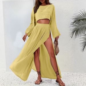 Conjunto Casual de Lino para Mujer Verano 2026: Top Corto <span class=keywords><strong>con</strong></span> Cuello Barco y <span class=keywords><strong>Falda</strong></span> Maxi de Cintura Alta <span class=keywords><strong>con</strong></span> Abertura y Mangas Largas Acampanadas - Product Image 3