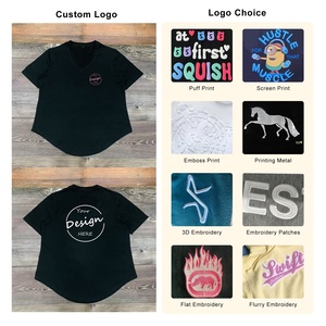 Logo personnalisé pur coton décontracté noir plaine t-shirts en vrac <span class=keywords><strong>femme</strong></span> à manches courtes t-<span class=keywords><strong>shirt</strong></span> ourlet incurvé col en V femmes t-shirts - Product Image 2
