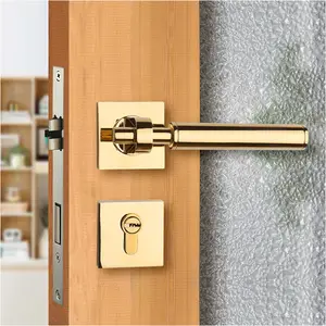 Handel pintu kuningan aluminium Fashion, gagang kunci pintu Modern mewah untuk pintu Interior