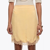 Jupe mi-longue pour femmes, design personnalisé en gros, à ourlet en dentelle, taille basse et taille élastique