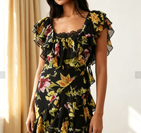 Robe longue en mousseline noire à volants et imprimé floral, dos ouvert, fente haute, pour femme grande taille, idéale pour soirée, mariage ou invitées