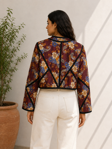 Handmade Winter Short Autumn Vintage <b>Kantha</b> Cropped Reversible Cotton Shell <b>Jacket</b> 4-5 Layer <b>Kantha</b> Fabric Patchwork Detailing - Product Image 5