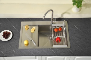 Évier de cuisine à cuve unique en acier inoxydable brossé satiné fait main avec plateau - Product Image 2